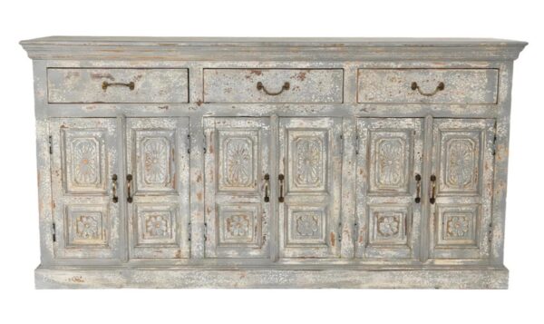 Blue grey rustic sideboard with doors and drawers, front