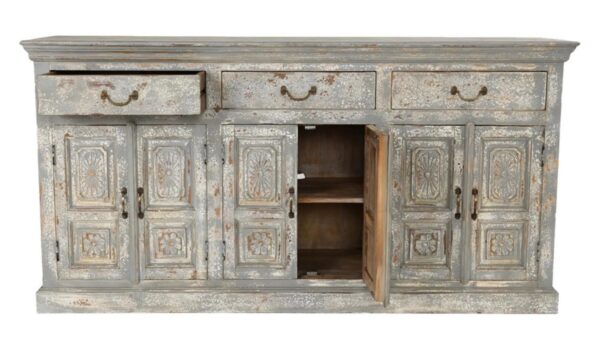 Blue grey rustic sideboard with doors and drawers, open