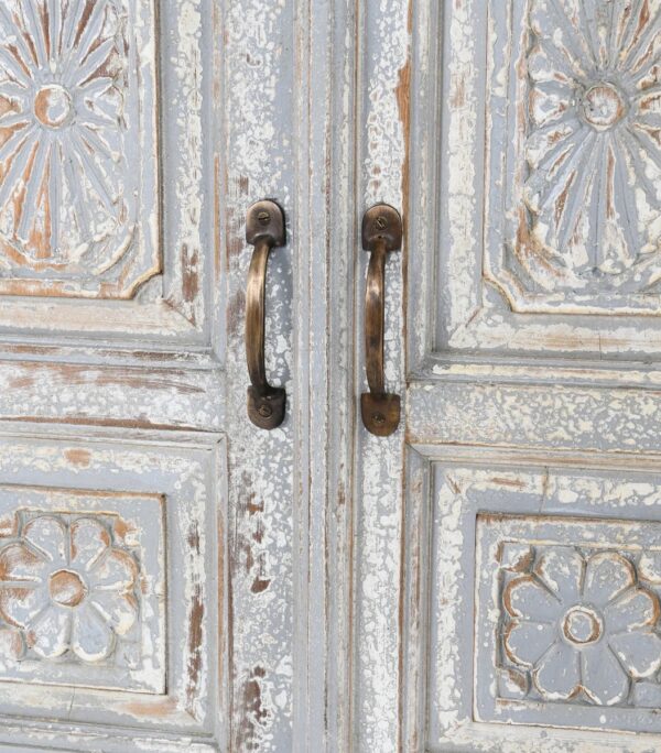 Blue grey rustic sideboard with doors and drawers, detail