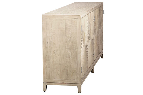 Light grey wash sideboard media console cabinet with carved doors side view