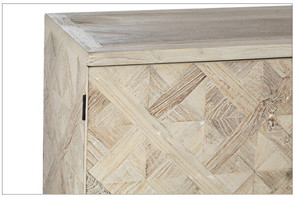 Light color sideboard with 2 compartments and 3 center drawers close up of parquet design on the front