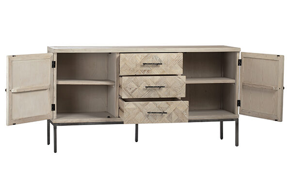 Light color sideboard with 2 compartments and 3 center drawers showed with doors opened