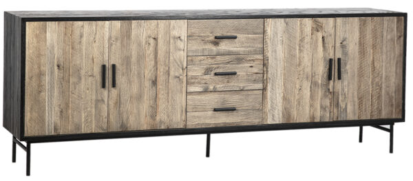 Natural wood front and black top and sides sideboard cabinet with 4 doors and 3 drawers front view