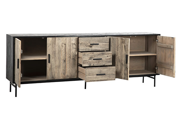 Natural wood front and black top and sides sideboard cabinet with 4 doors and 3 drawers view with open doors