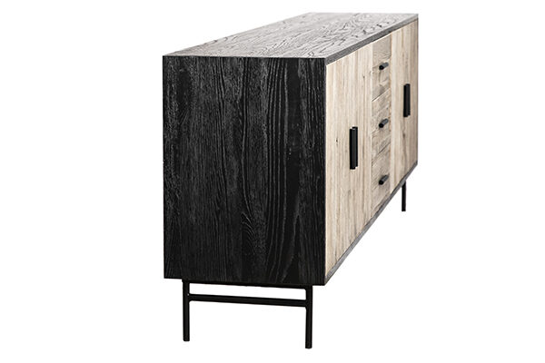 Natural wood front and black top and sides sideboard cabinet with 4 doors and 3 drawers side view