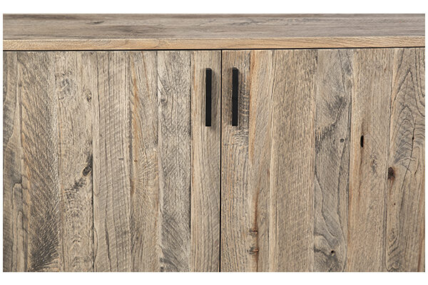 Rustic wood media cabinet with 4 doors closeup