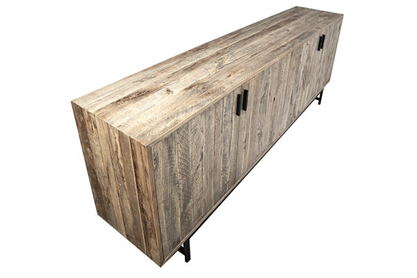 rustic wood sideboard with iron hardware and frame