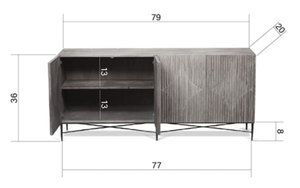 Light grey sideboard with 4 doors and metal base, shown with measurements