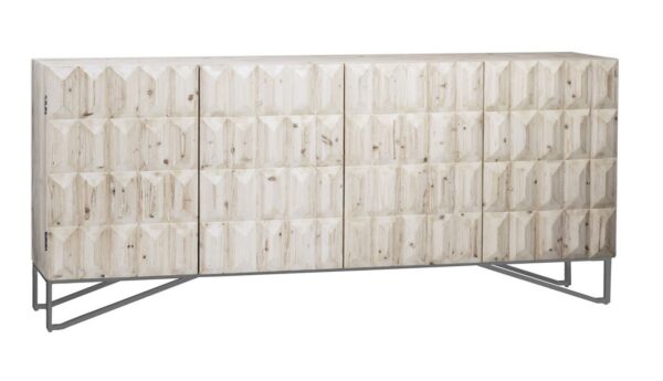 White wash media console with textured front and iron base