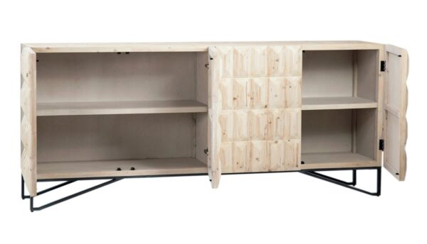 White wash media console with textured front and iron base, open door