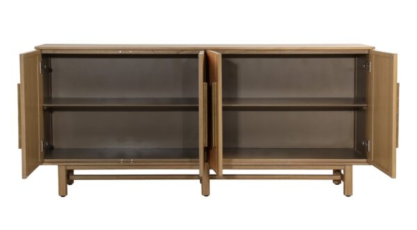 Light wood sideboard with rattan doors, open
