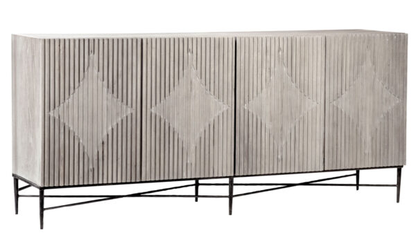 Light grey sideboard with 4 doors and metal base