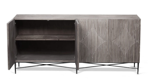 Light grey sideboard with 4 doors and metal base, open
