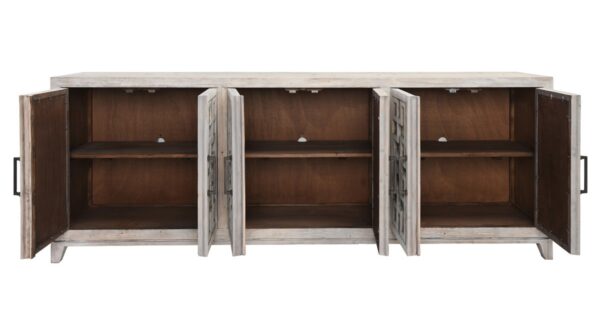 White wash long sideboard with geometrical design with opened doors