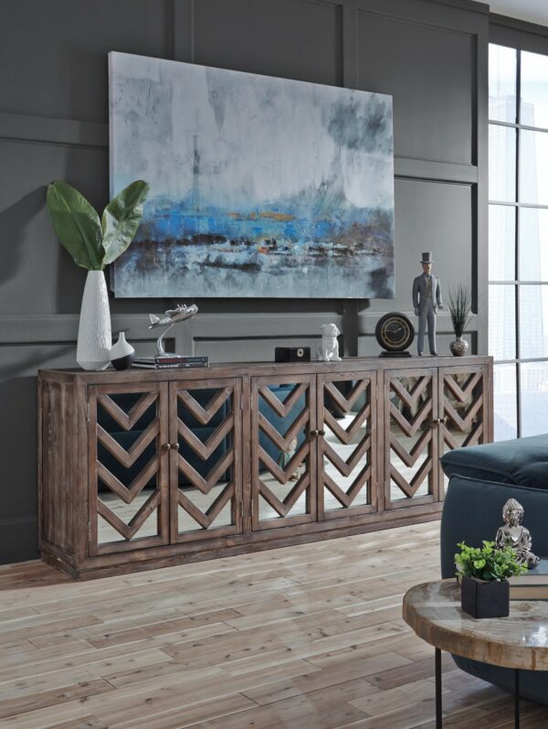 Wood and mirror sideboard with geometrical design