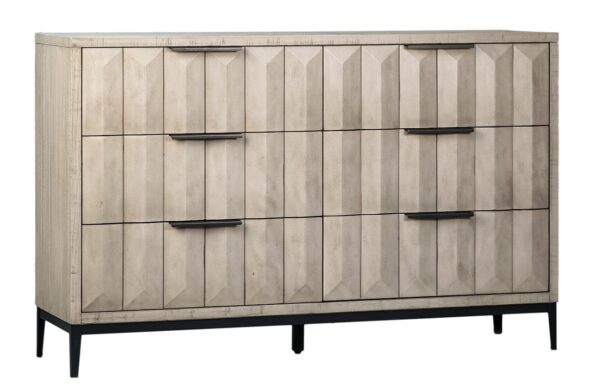 Light grey solid wood dresser with 6 drawers and black iron base