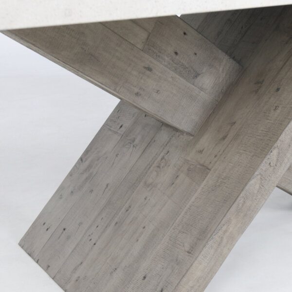 Concrete top dining table with wood crossbeam base, detail