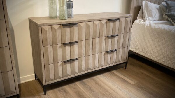 Light grey solid wood dresser with 6 drawers and black iron base