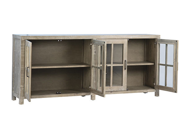 Low cabinet media console with opened glass doors