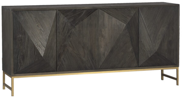 Dark grey sideboard with 4 doors and brass color base