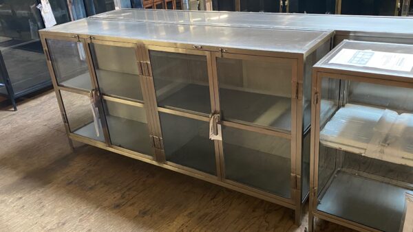 Silver media console cabinet with glass doors front view