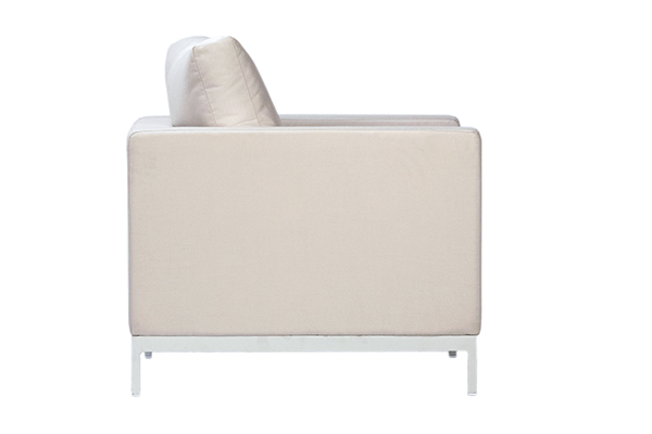 Outdoor club chair with white fabric and white aluminum frame side view