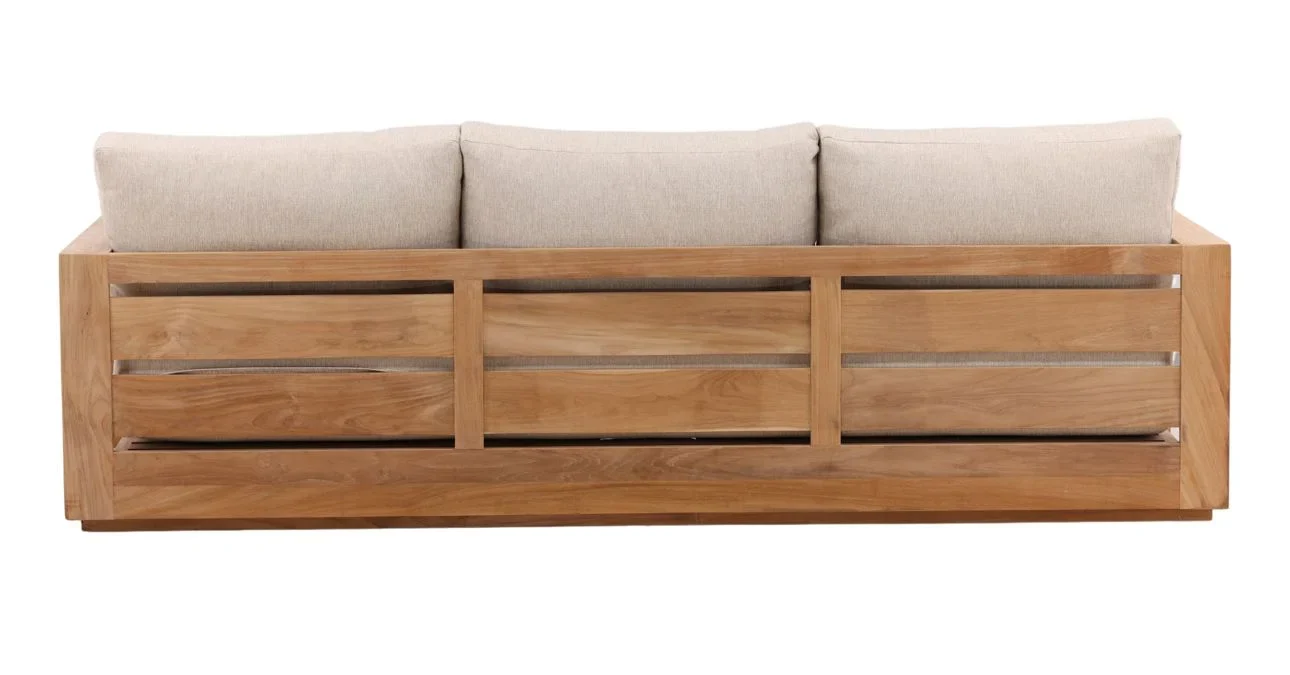 Solid teak outdoor sofa in natural wood finish with weather-resistant sand color cushions. Perfect for outdoor use, back view