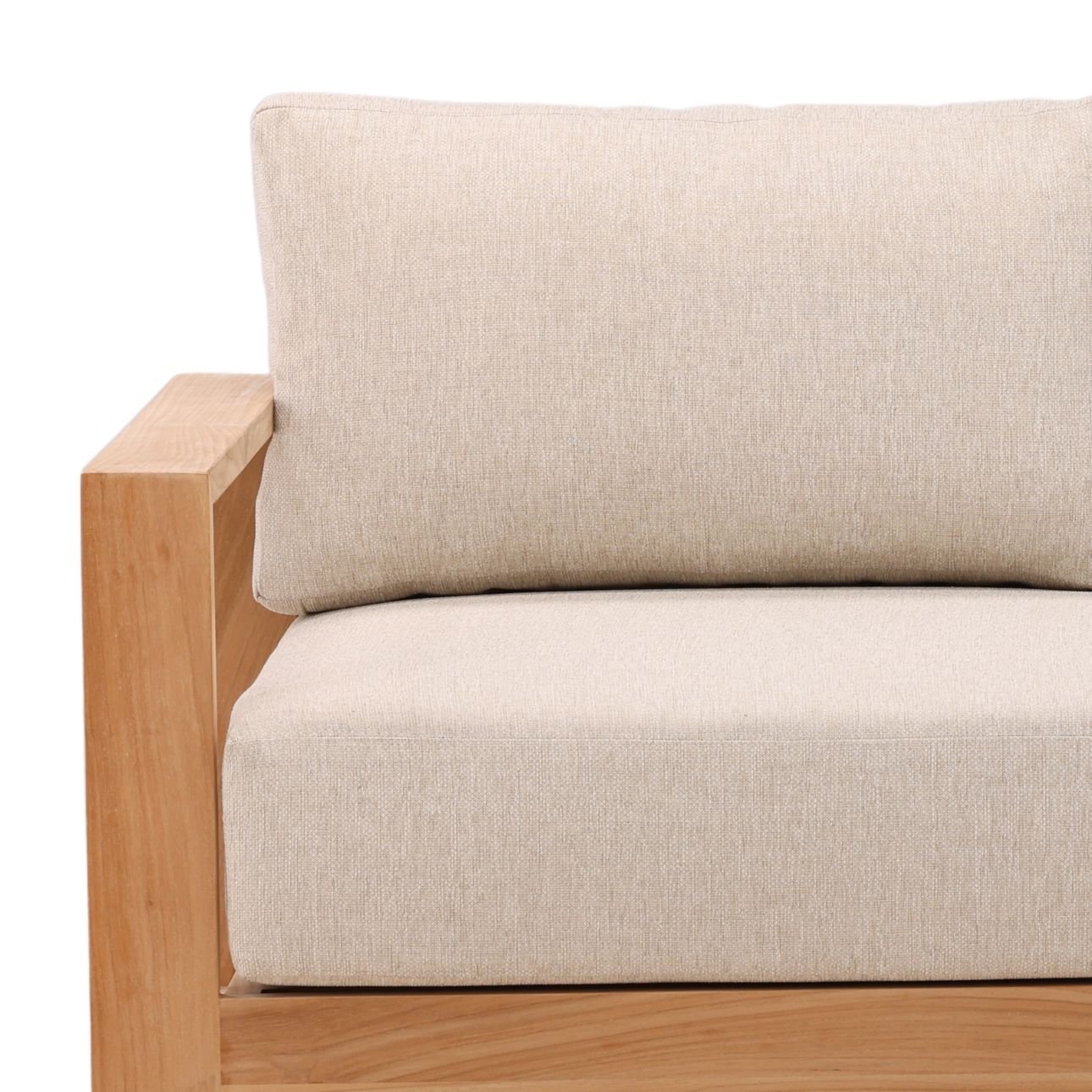 Solid teak outdoor sofa in natural wood finish with weather-resistant sand color cushions. Perfect for outdoor use, corner view