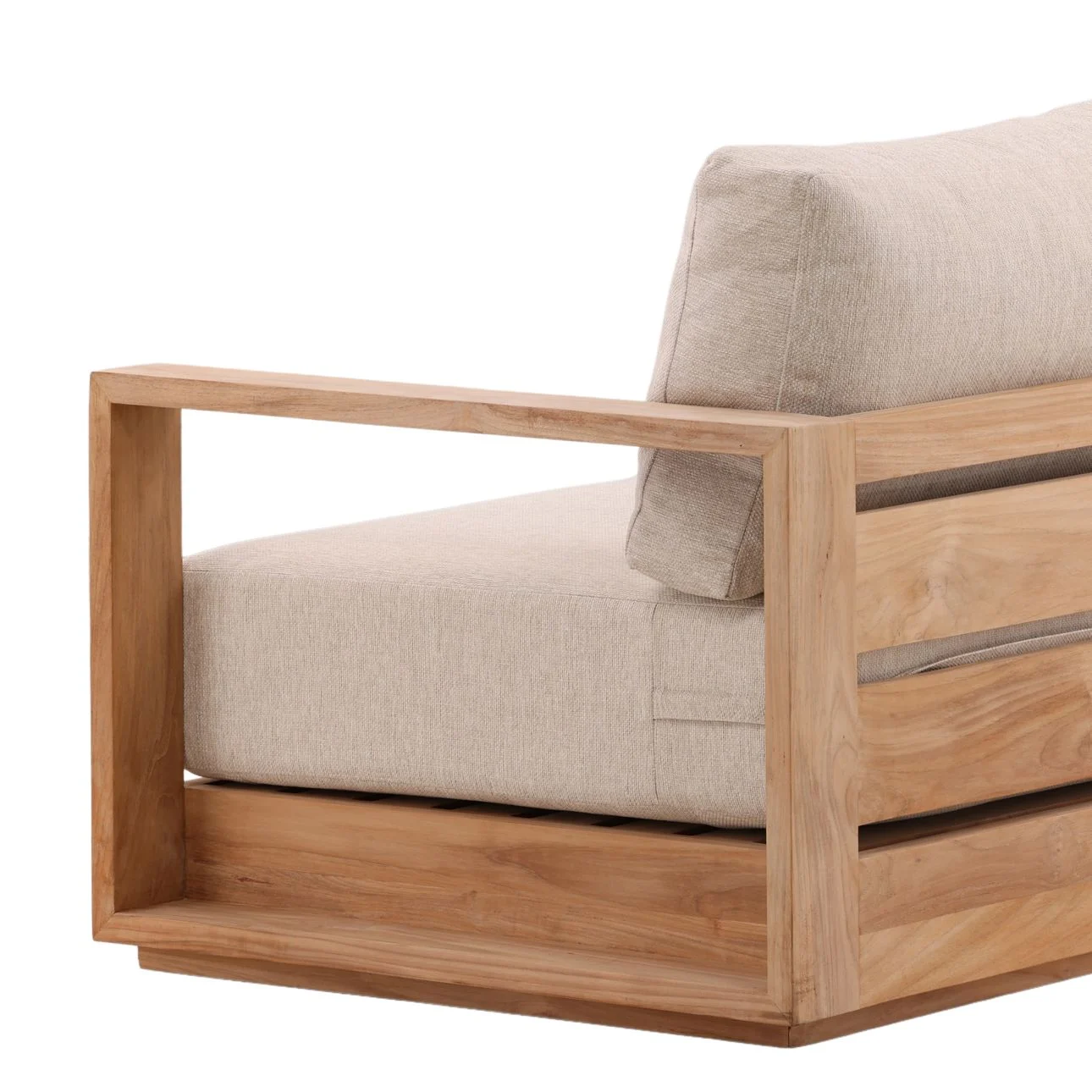 Solid teak outdoor sofa in natural wood finish with weather-resistant sand color cushions. Perfect for outdoor use, detail back