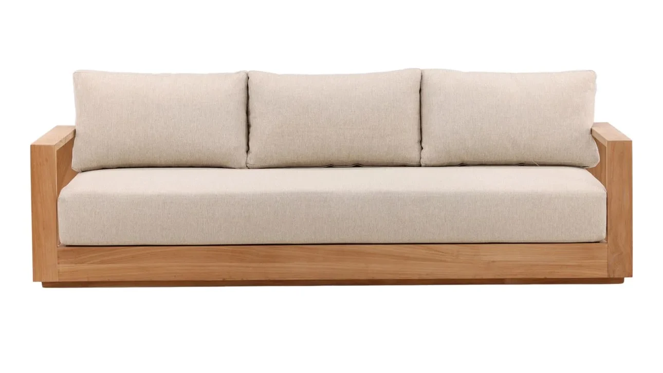 Solid teak outdoor sofa in natural wood finish with weather-resistant sand color cushions. Perfect for outdoor use, front view