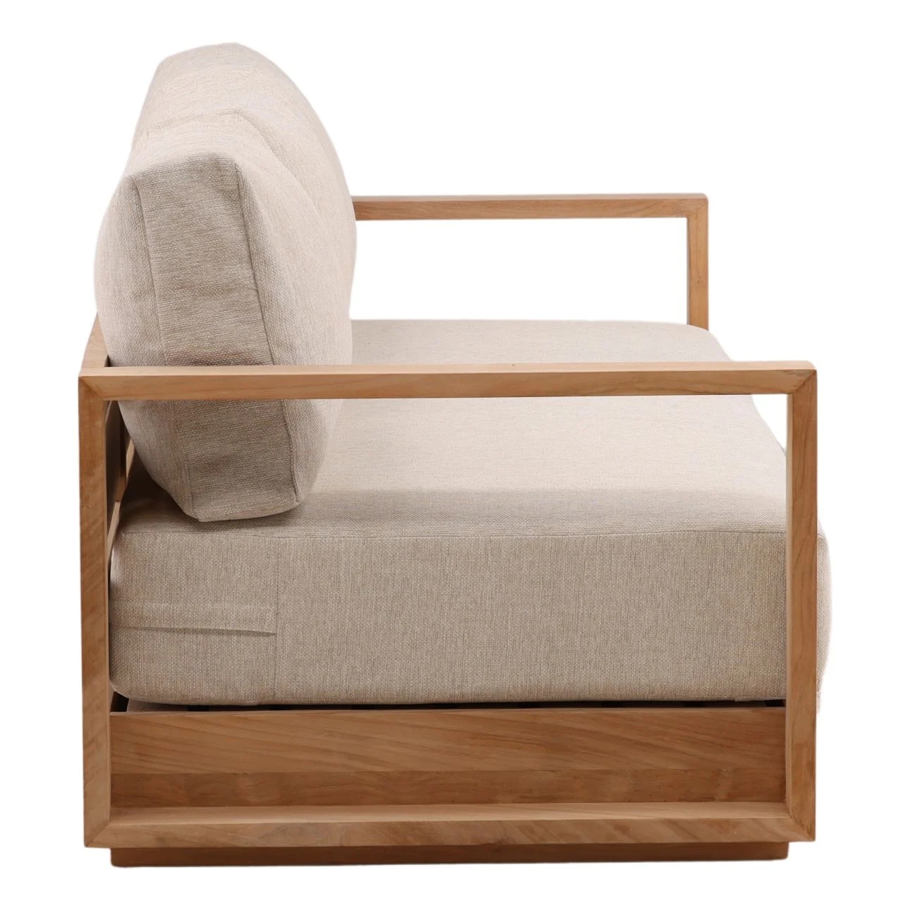 Solid teak outdoor sofa in natural wood finish with weather-resistant sand color cushions. Perfect for outdoor use, profile view