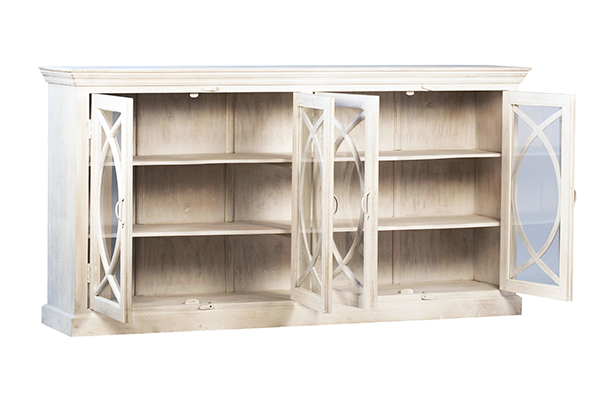 white wash wood glass cabinet with open doors