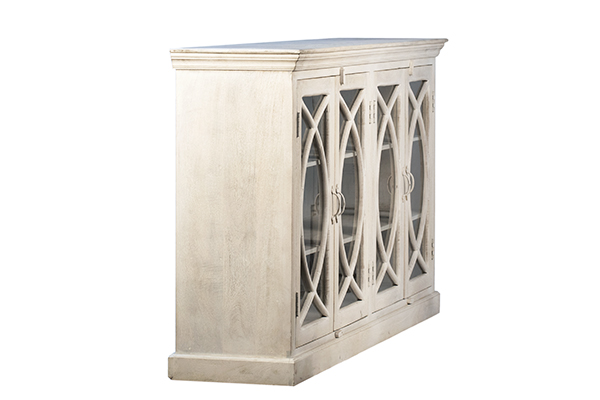 white wash wood glass cabinet side view