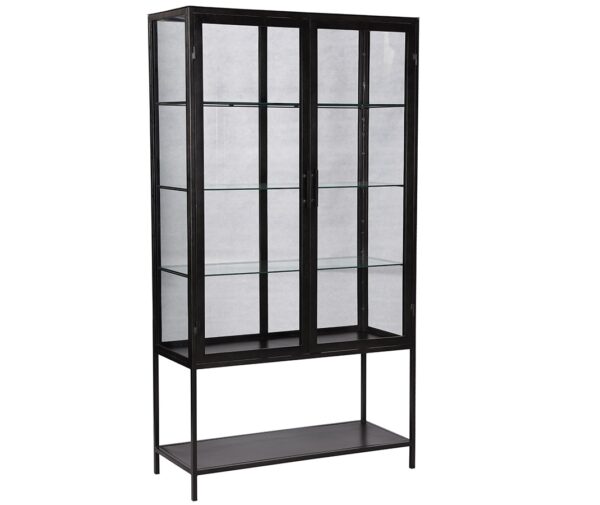 tall black metal and glass cabinet