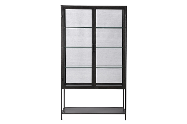 tall black metal and glass cabinet front view