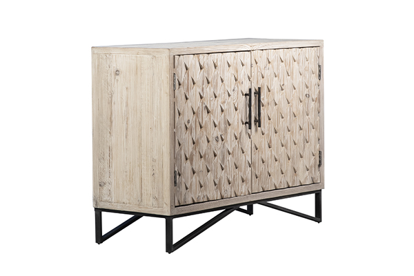 white wash wood cabinet with iron legs side view