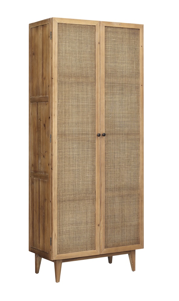 honey color pine tall cabinet with 2 rattan doors