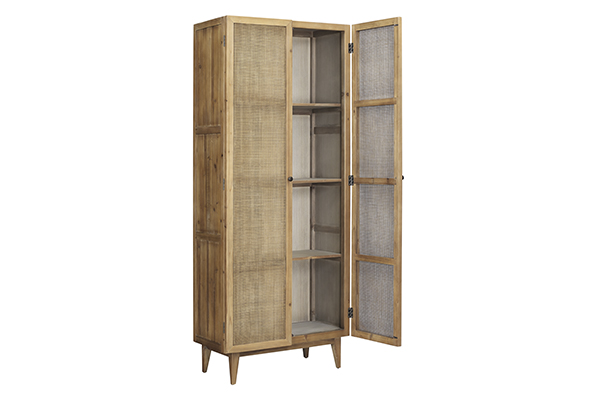 honey color pine tall cabinet with 2 rattan doors