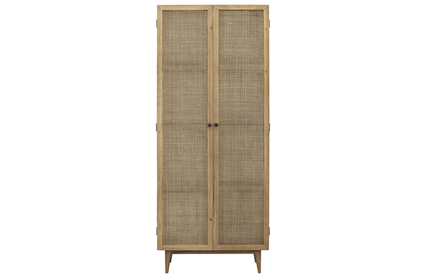 honey color pine tall cabinet with 2 rattan doors front view