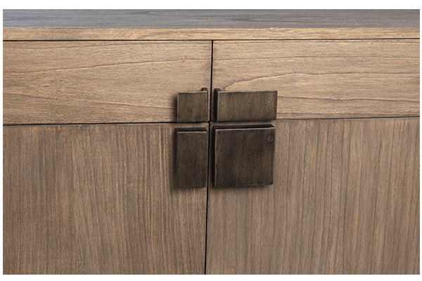 light brown wood sideboard with metal base close up