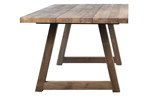 reclaimed teak wood outdoor dining table side view