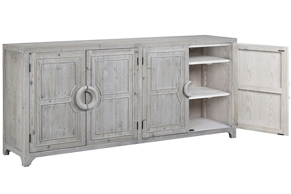 wood sideboard with 4 doors and light grey finish shown with door open