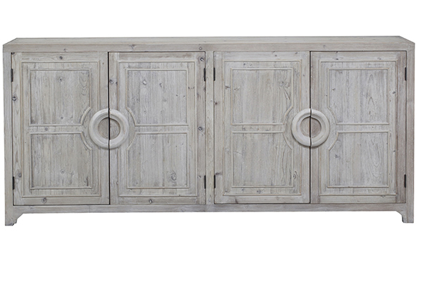 wood sideboard with 4 doors and light grey finish front view