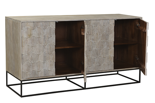 grey wash distressed wood sideboard with open doors