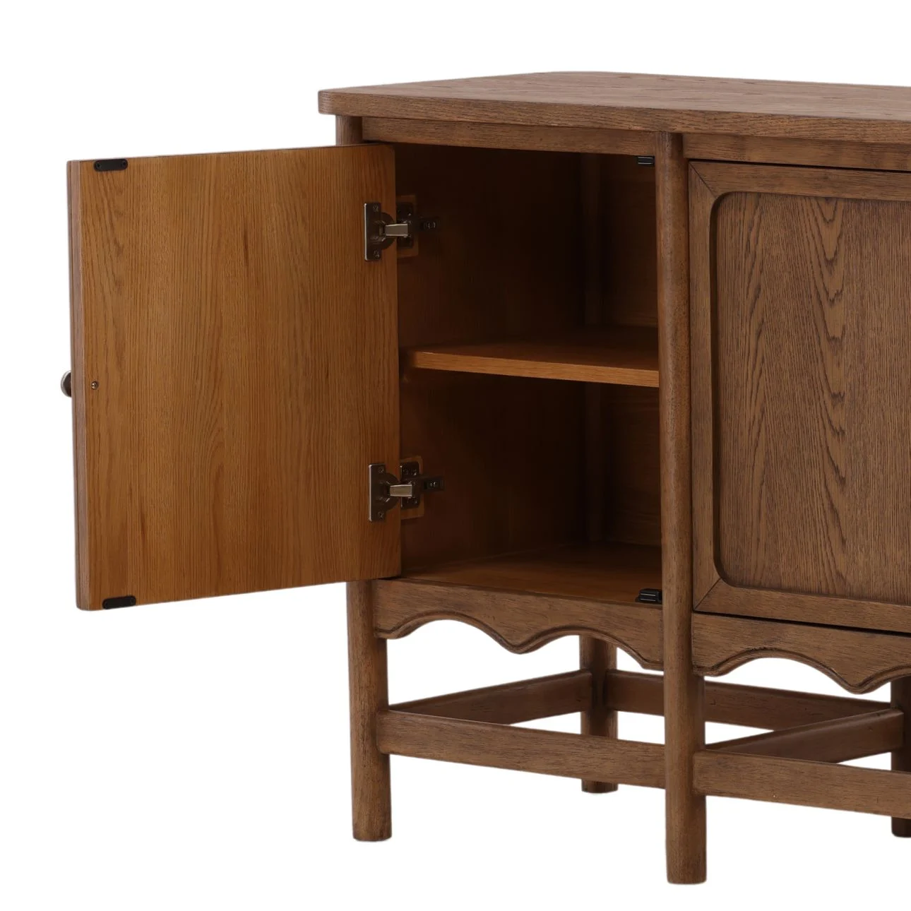 Sideboard in brown finish featuring four paneled cabinet doors, rubber wood construction with oak veneer, and a classic design on a sturdy leg base, open door detail