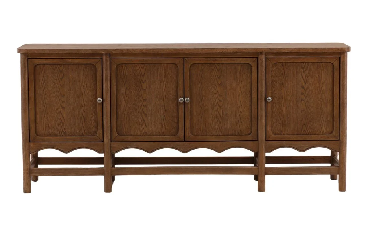 Sideboard in brown finish featuring four paneled cabinet doors, rubber wood construction with oak veneer, and a classic design on a sturdy leg base, front view