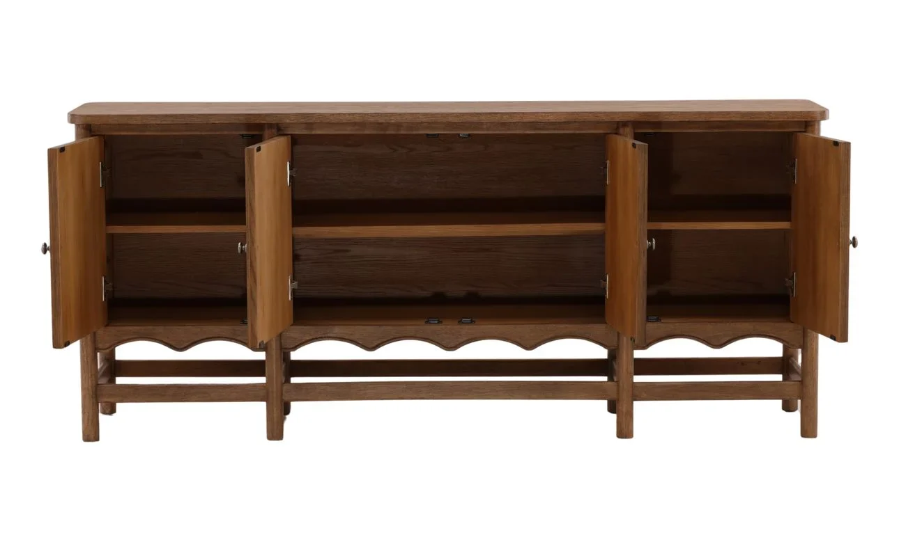 Sideboard in brown finish featuring four paneled cabinet doors, rubber wood construction with oak veneer, and a classic design on a sturdy leg base, open view