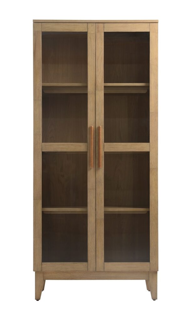 Traditional tall wood cabinet with glass doors and interior shelves, front