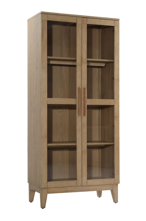 Traditional tall wood cabinet with glass doors and interior shelves