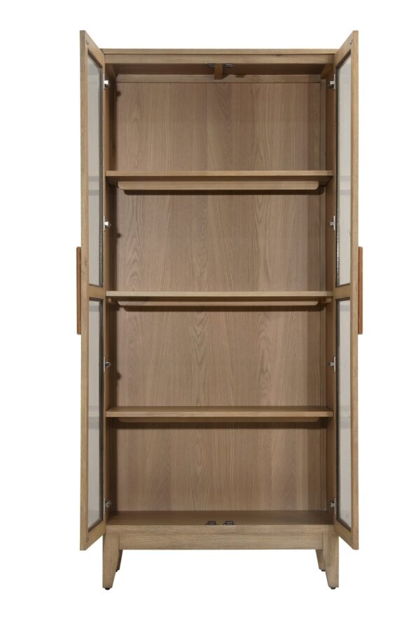 Traditional tall wood cabinet with glass doors and interior shelves, open